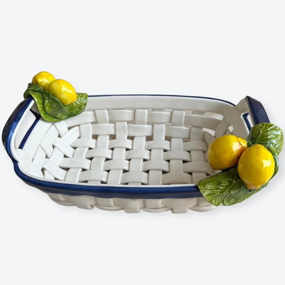 Italian Handmade Woven Ceramic Basket Dish with Lemons
