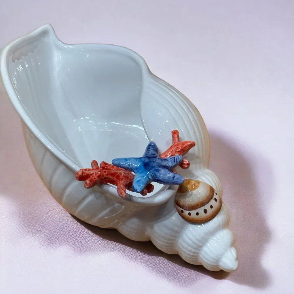Italian Handmade Ceramic Shell Bowl with Coral & Starfish