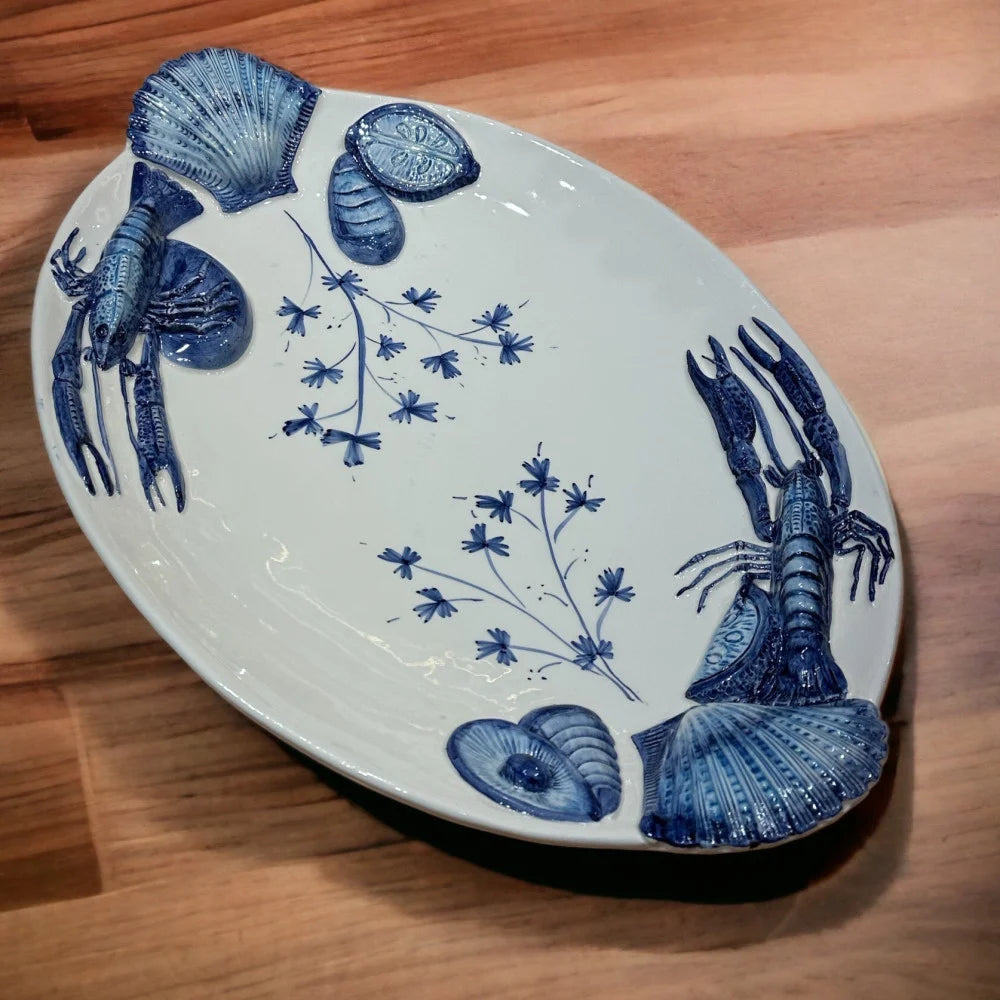 Italian Handmade Ceramic Oval Plate with Blue Sea Motifs