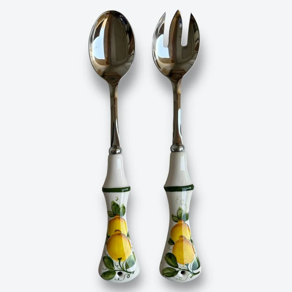 Italian Handmade Ceramic & Stainless Steel Salad Serving Set – Lemons Design