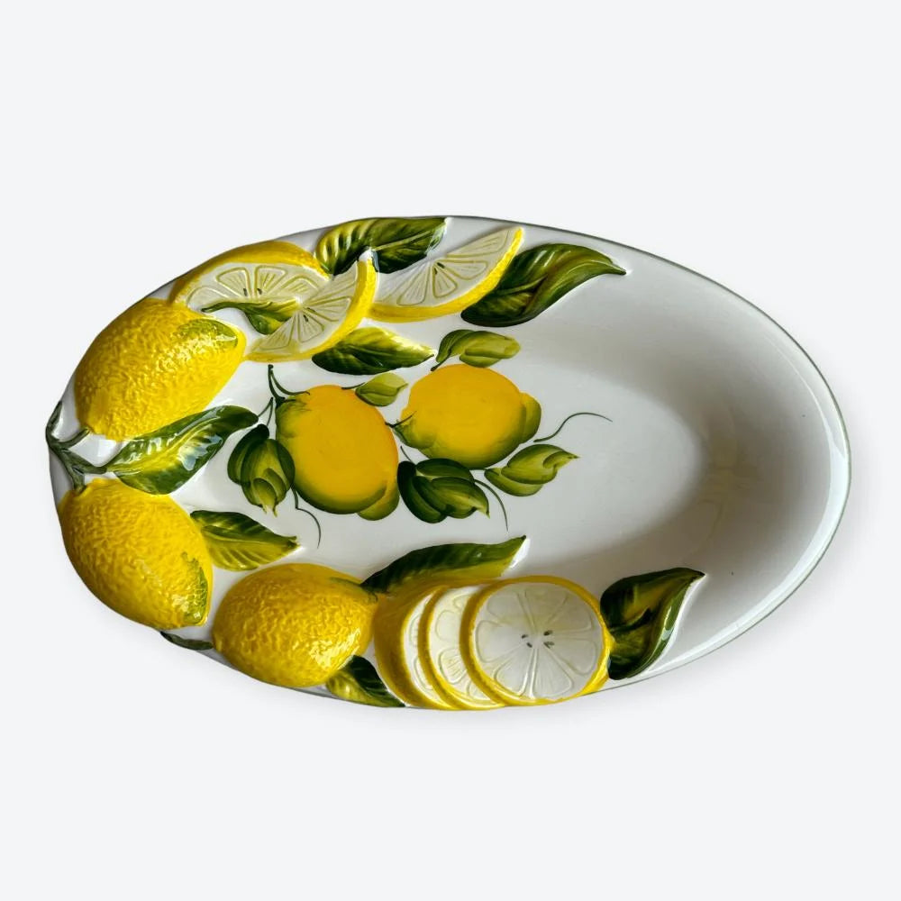 Italian Handmade Large Oval Ceramic Platter with Lemon Motifs