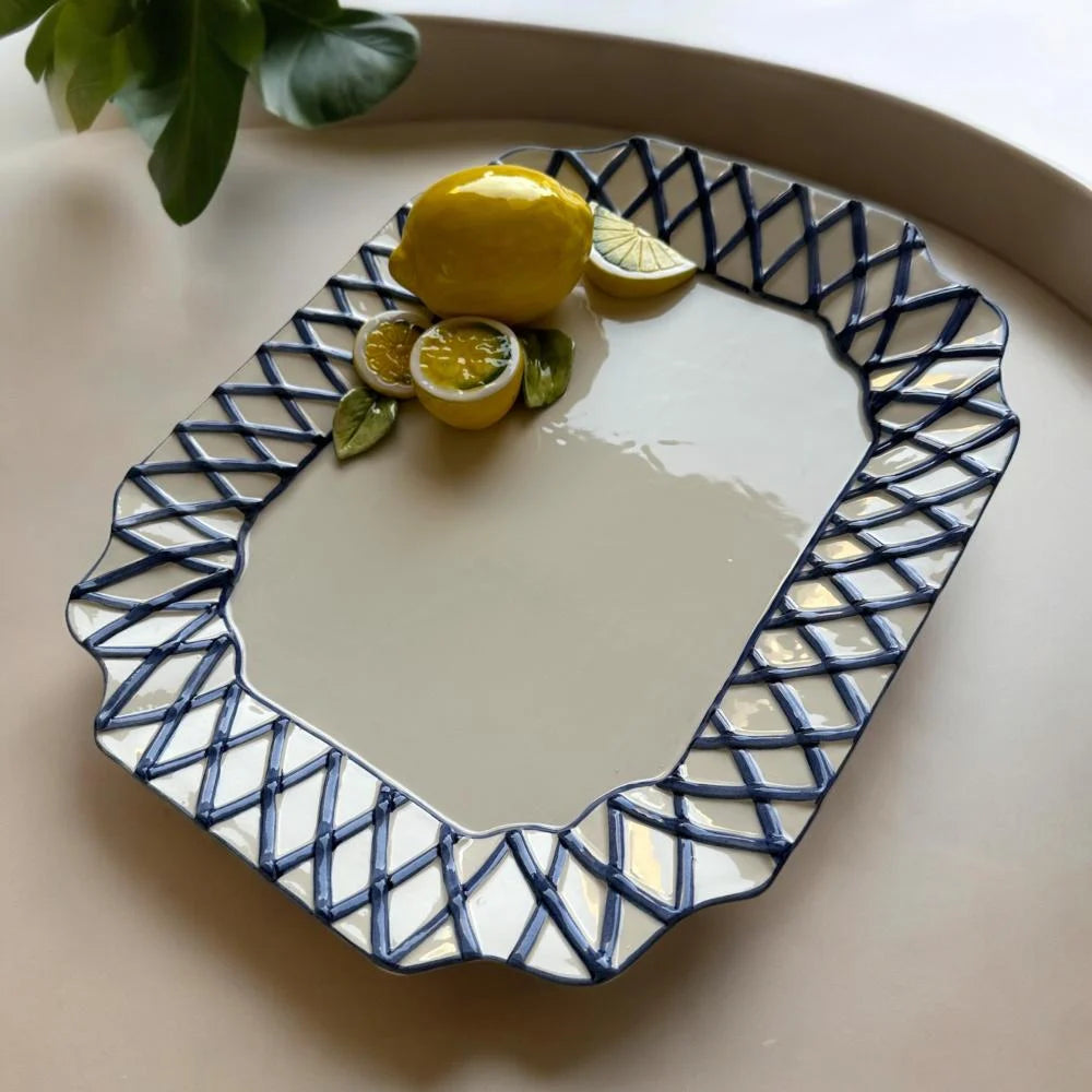Italian Handmade Rectangular Ceramic Tray with Lemon Accent