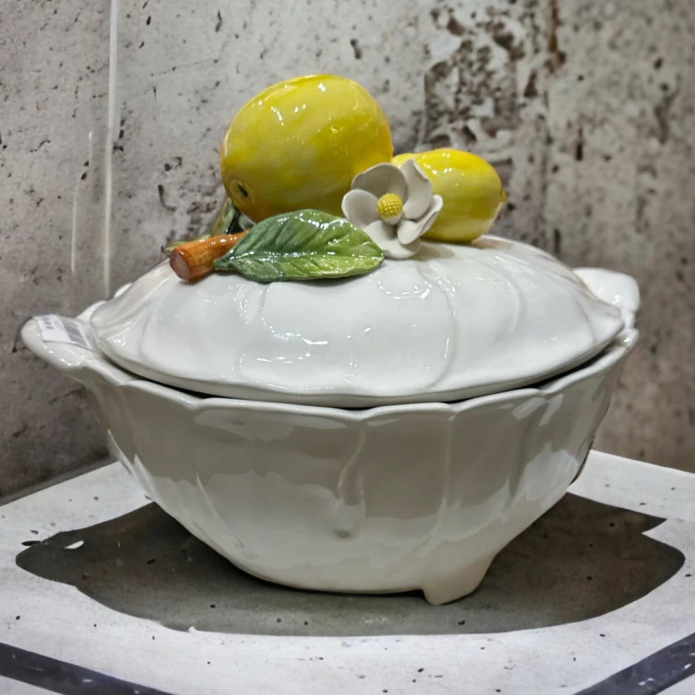 Italian Handmade Ceramic Tureen with Lemons & Flower Lid