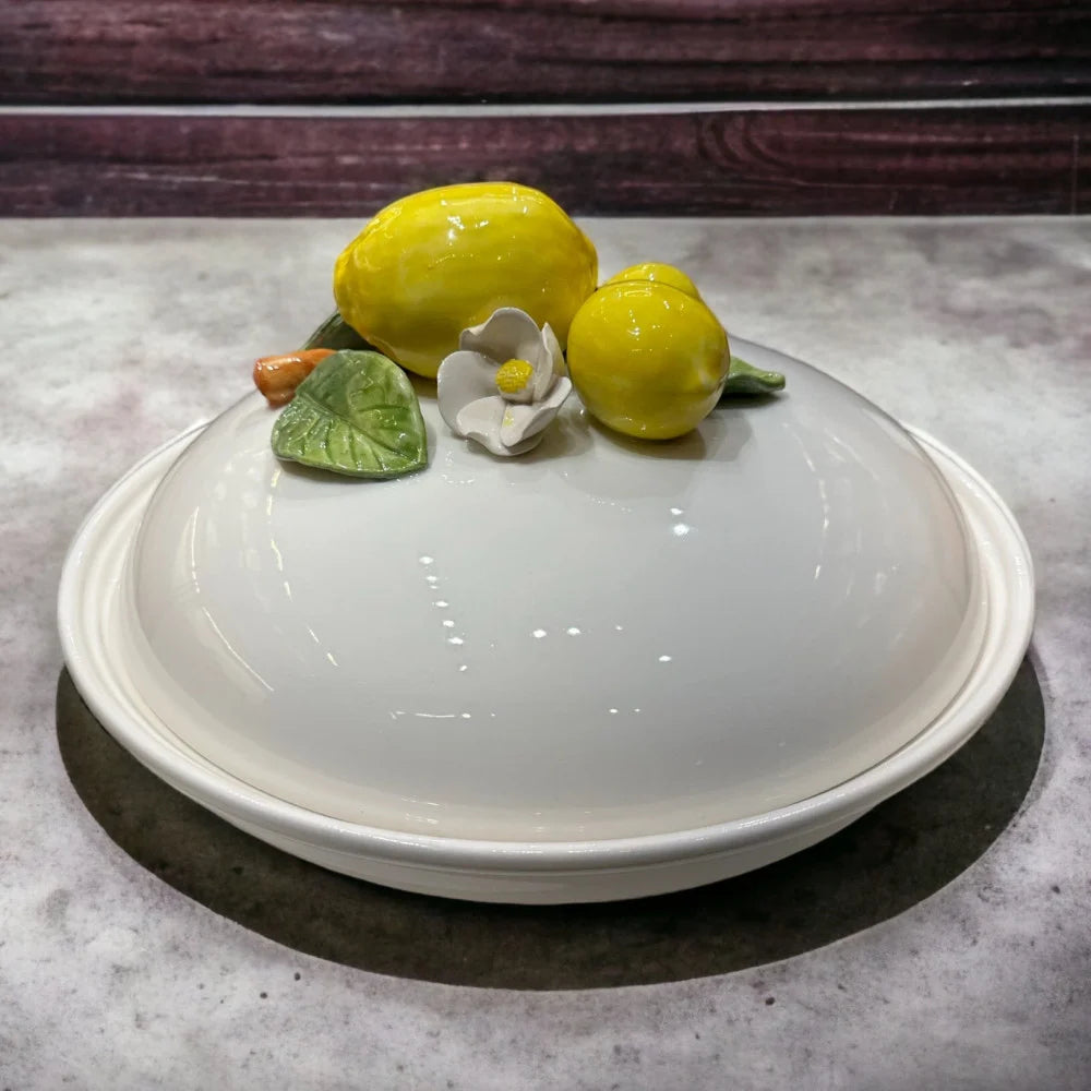 Italian Handmade Ceramic Dome with Lemons & Flower Accent