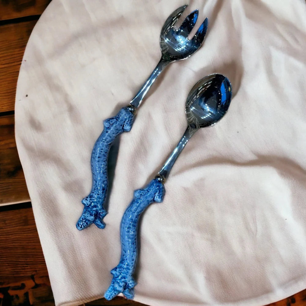 Italian Handmade Stainless Steel Salad Serving Set with Blue Coral Handles