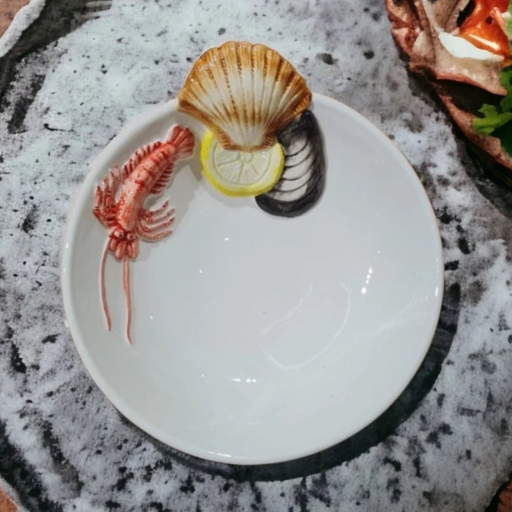 Italian Handmade Ceramic Plate with Lobster, Shell & Lemon Motifs