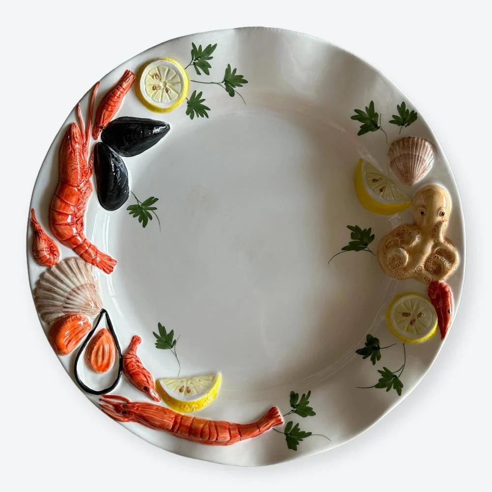 Italian Handmade Round Ceramic Plate with Seafood Motifs