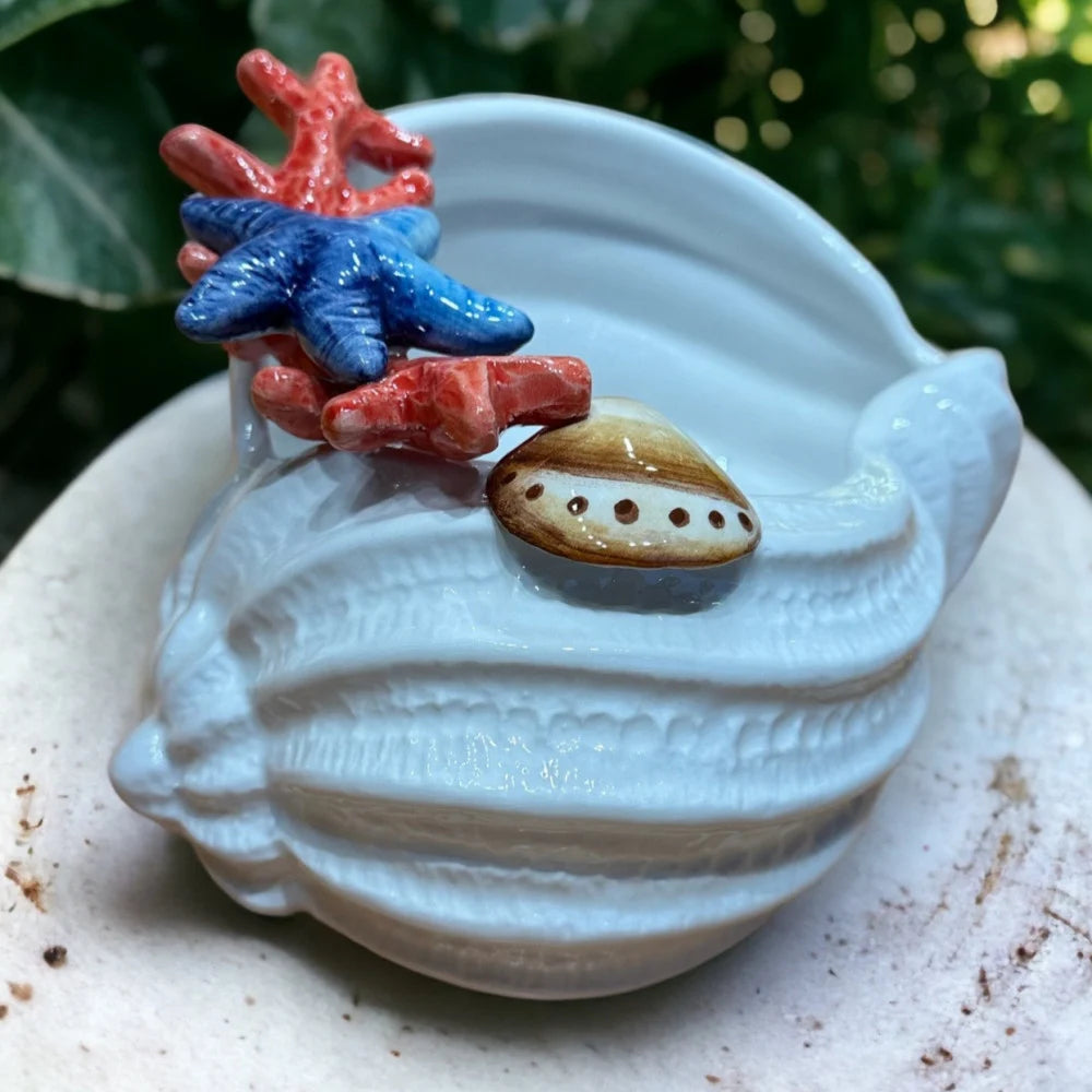 Italian Handmade Ceramic Shell with Coral & Starfish Accents